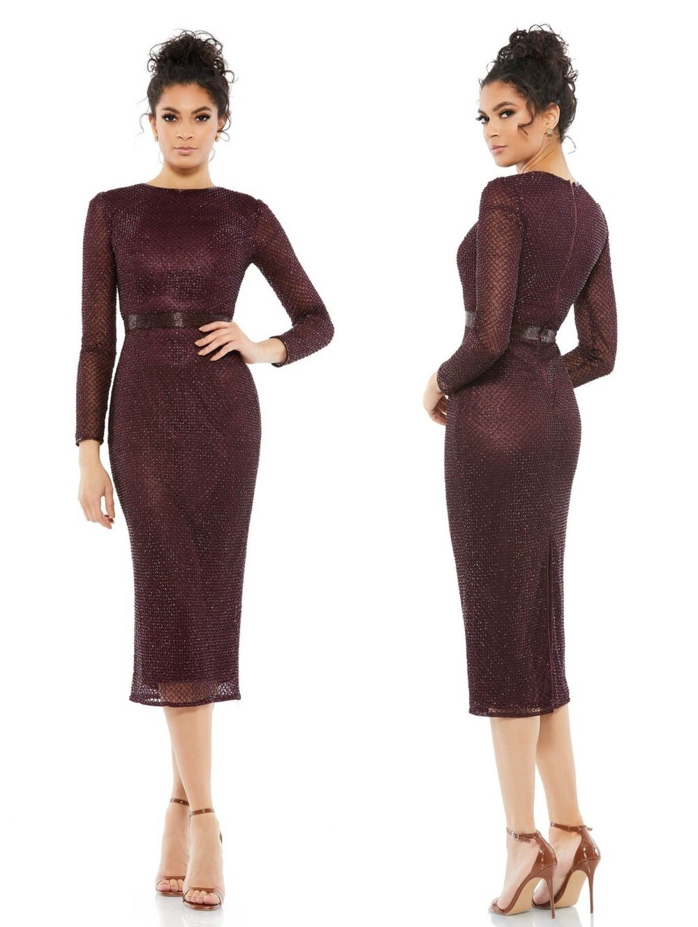 NWT Mac Duggal Long Sleeve Lattice Beaded Cocktail Dress in Aubergine 5530